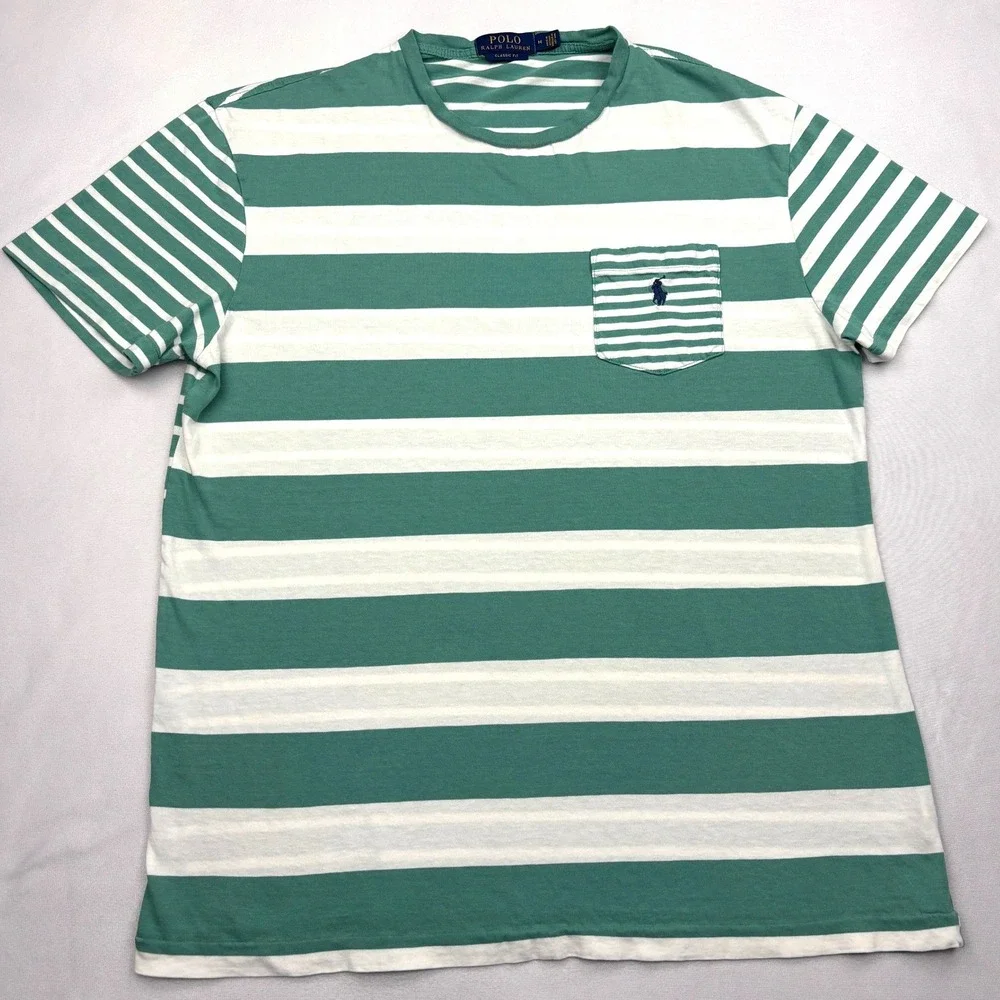Polo Ralph Lauren Striped Pocket Shirt Mens Medium Green White Pony Classic Tee